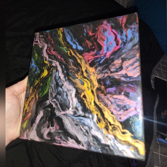 Original Abstract Pour Painting On Wood Glossy Resin Finish Dark Metallic 8"×8" - Picture 4 of 9